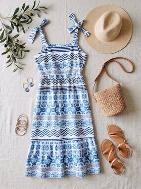 Santorini Print Blue & White Sundress